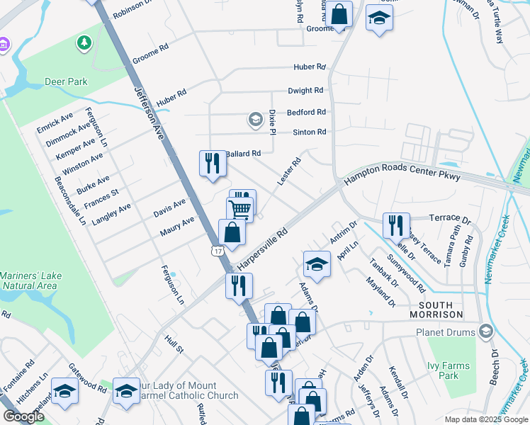 map of restaurants, bars, coffee shops, grocery stores, and more near 440 Lester Road in Newport News