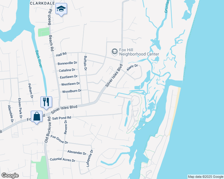 map of restaurants, bars, coffee shops, grocery stores, and more near 207 Woodburn Drive in Hampton
