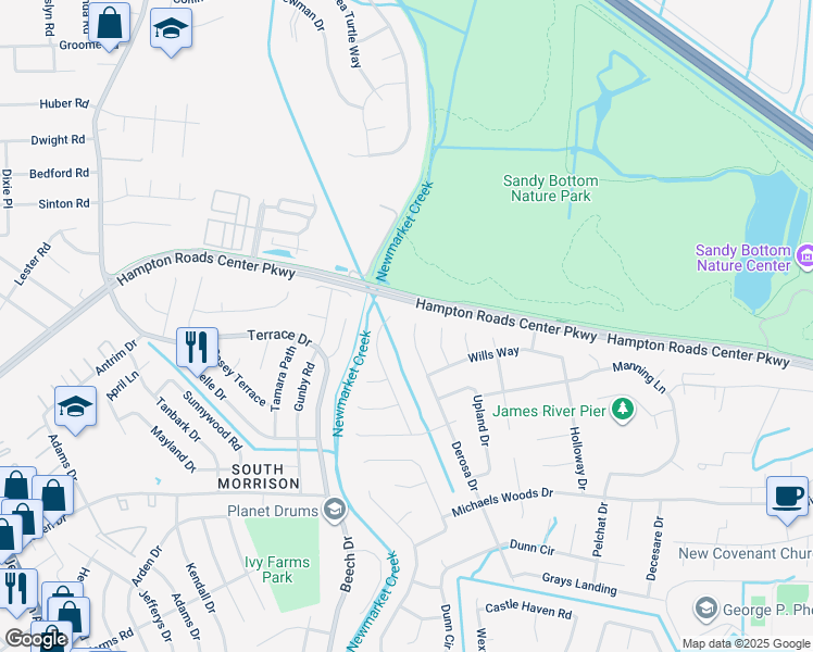 map of restaurants, bars, coffee shops, grocery stores, and more near 261 Derosa Drive in Hampton