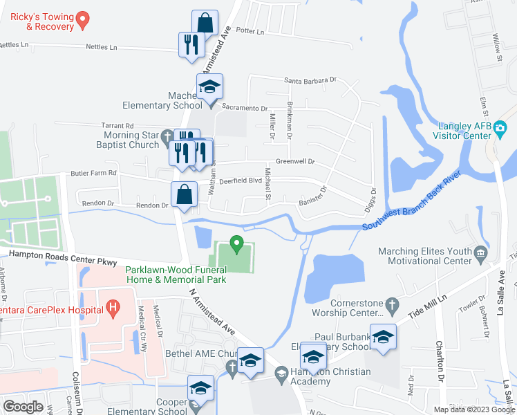 map of restaurants, bars, coffee shops, grocery stores, and more near 39 Banister Drive in Hampton