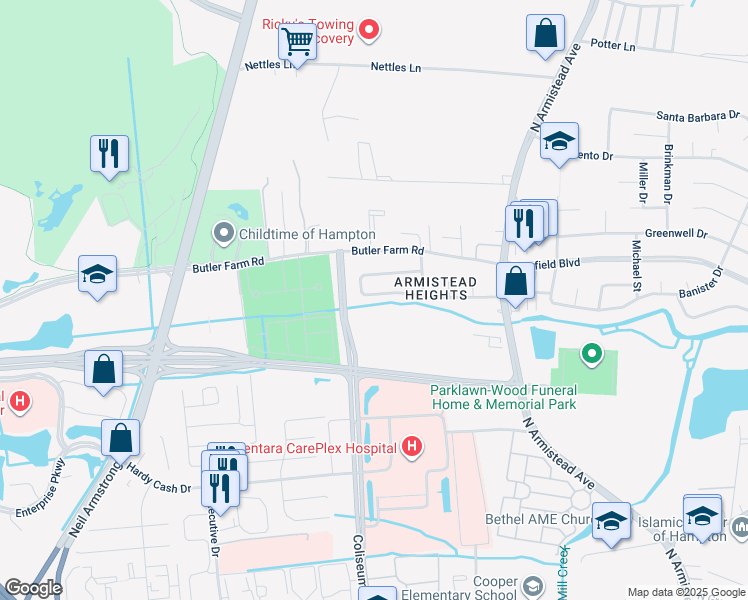 map of restaurants, bars, coffee shops, grocery stores, and more near 49 Rendon Drive in Hampton