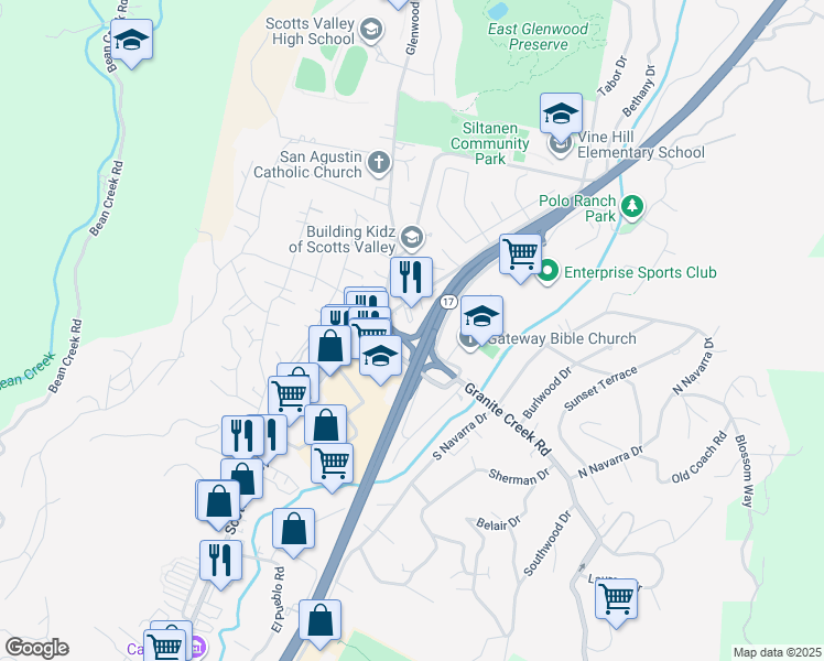 map of restaurants, bars, coffee shops, grocery stores, and more near 6016 Scotts Valley Drive in Scotts Valley