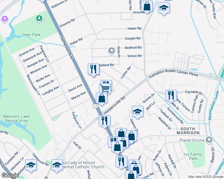 map of restaurants, bars, coffee shops, grocery stores, and more near 437 Lester Road in Newport News