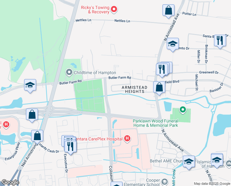 map of restaurants, bars, coffee shops, grocery stores, and more near 49 Rendon Drive in Hampton