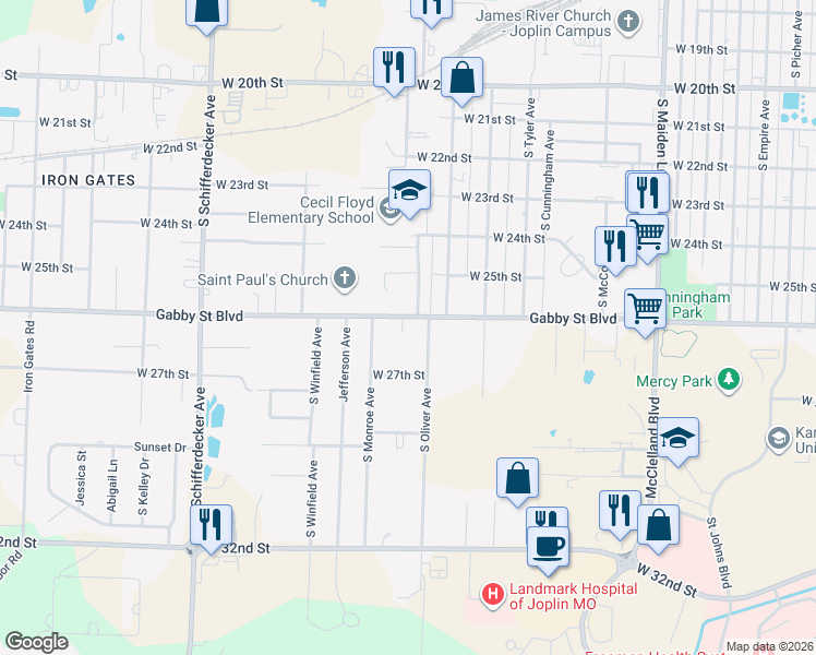 map of restaurants, bars, coffee shops, grocery stores, and more near 2216 West 26th Street in Joplin