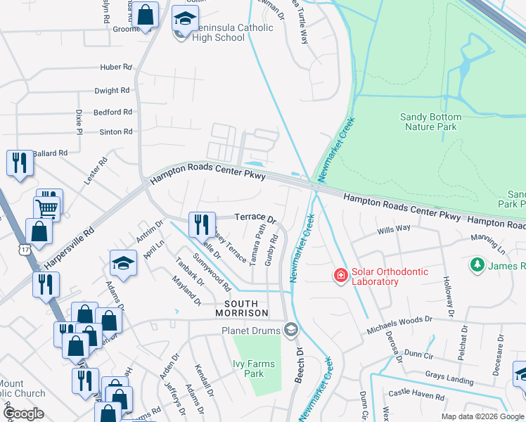 map of restaurants, bars, coffee shops, grocery stores, and more near 750 Terrace Drive in Newport News