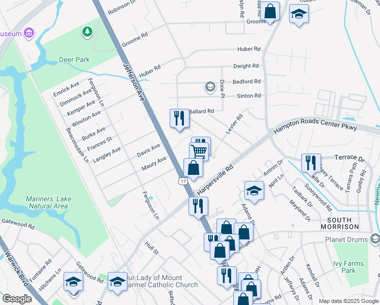 map of restaurants, bars, coffee shops, grocery stores, and more near 11214 Jefferson Avenue in Newport News