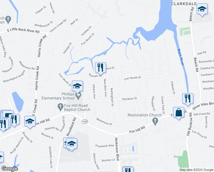 map of restaurants, bars, coffee shops, grocery stores, and more near 800 New Bern Avenue in Hampton