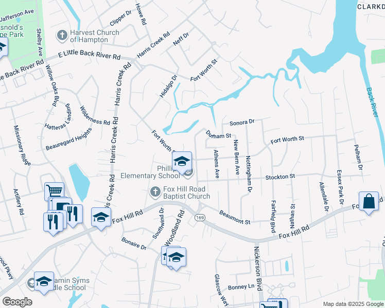 map of restaurants, bars, coffee shops, grocery stores, and more near 803 Lemaster Avenue in Hampton