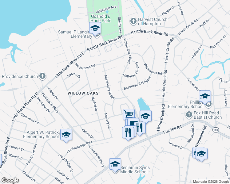 map of restaurants, bars, coffee shops, grocery stores, and more near 207 Missionary Ridge in Hampton