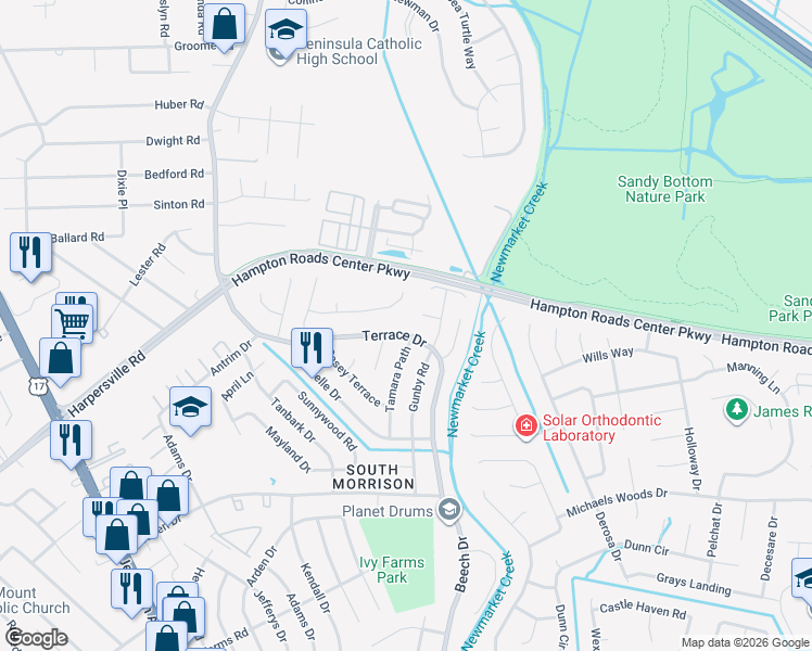 map of restaurants, bars, coffee shops, grocery stores, and more near 750 Terrace Drive in Newport News