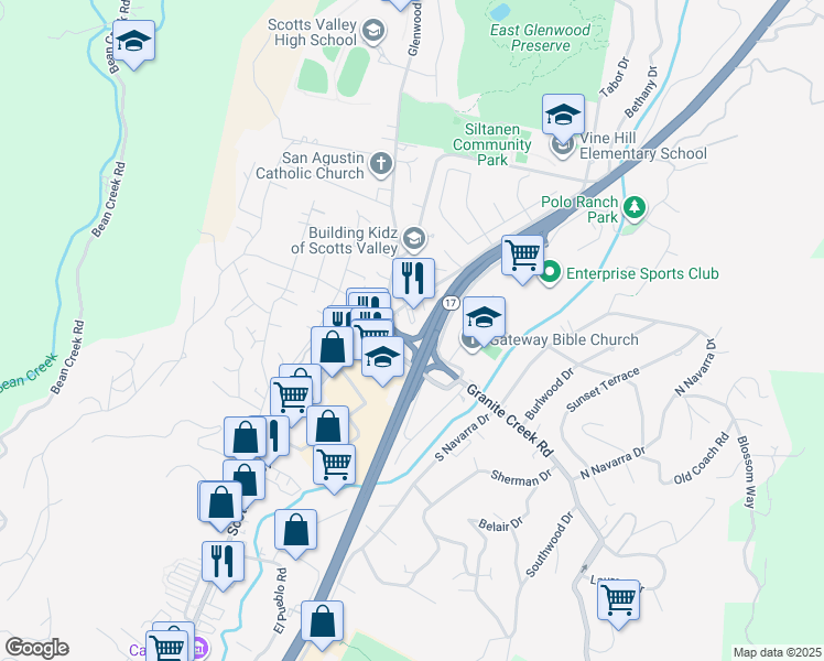 map of restaurants, bars, coffee shops, grocery stores, and more near 6016 Scotts Valley Drive in Scotts Valley