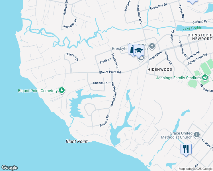 map of restaurants, bars, coffee shops, grocery stores, and more near 94 Queens Court in Newport News
