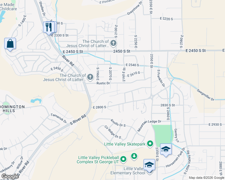 map of restaurants, bars, coffee shops, grocery stores, and more near 2095 Coyote Springs Drive in St. George
