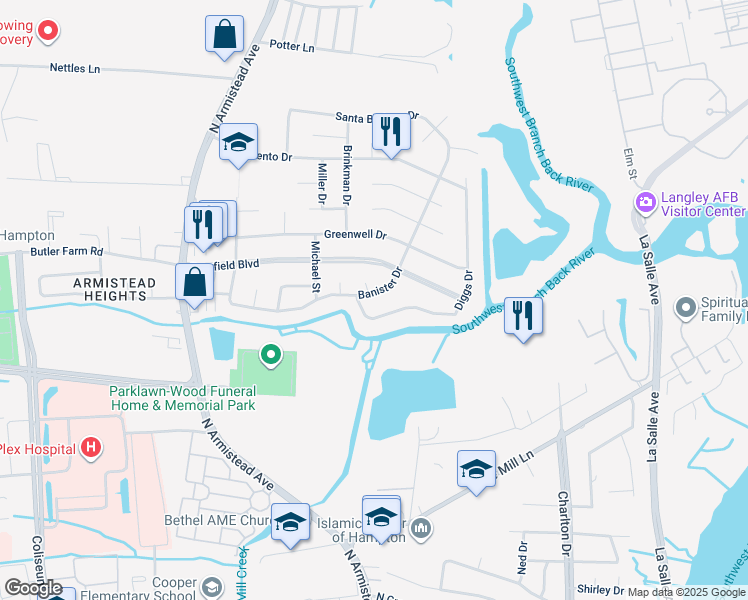 map of restaurants, bars, coffee shops, grocery stores, and more near 62 Banister Drive in Hampton