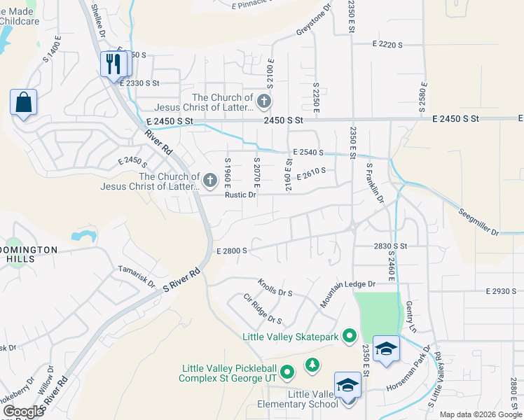map of restaurants, bars, coffee shops, grocery stores, and more near 2703 South 2070 East in St. George