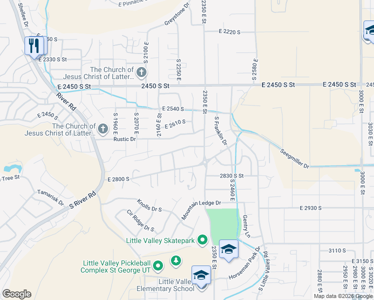 map of restaurants, bars, coffee shops, grocery stores, and more near 2748 2320 East Circle in St. George