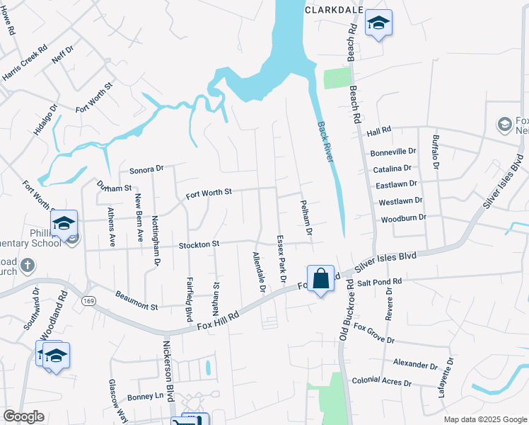 map of restaurants, bars, coffee shops, grocery stores, and more near 714 Allendale Drive in Hampton