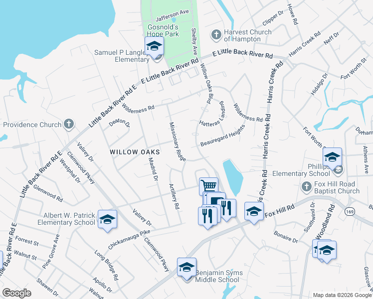 map of restaurants, bars, coffee shops, grocery stores, and more near 207 Missionary Ridge in Hampton
