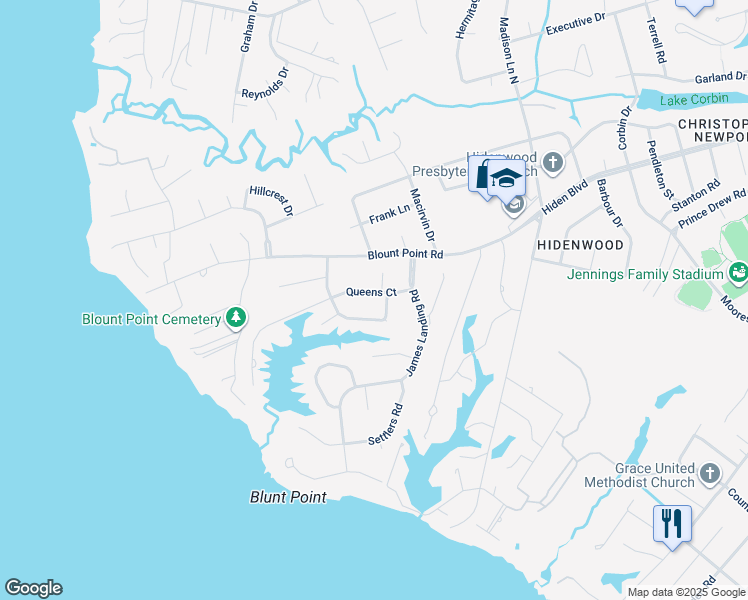map of restaurants, bars, coffee shops, grocery stores, and more near 88 Queens Court in Newport News