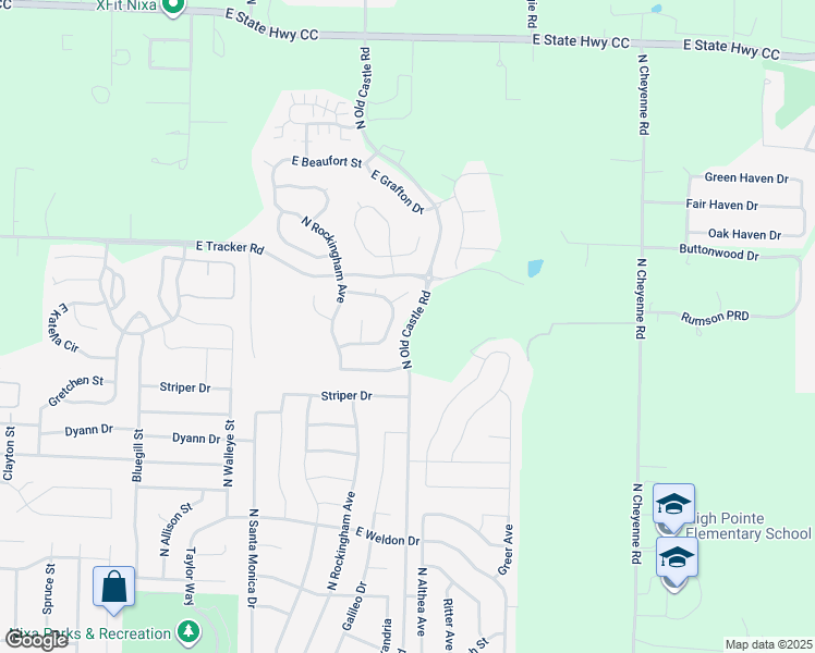 map of restaurants, bars, coffee shops, grocery stores, and more near North Old Castle Road in Nixa