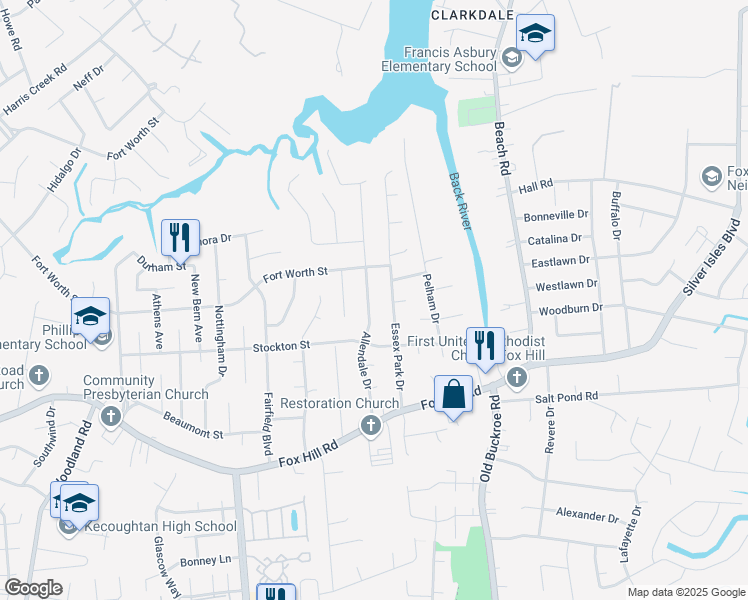 map of restaurants, bars, coffee shops, grocery stores, and more near 714 Allendale Drive in Hampton