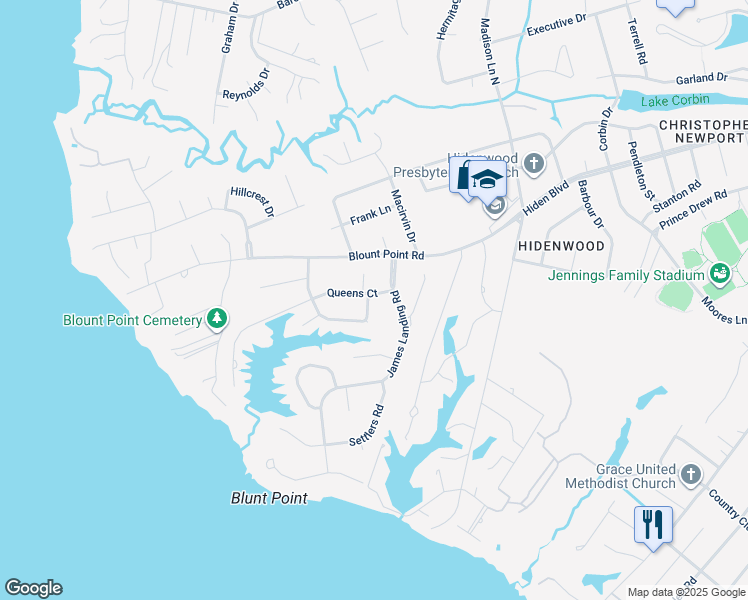 map of restaurants, bars, coffee shops, grocery stores, and more near 94 Queens Court in Newport News