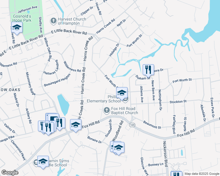 map of restaurants, bars, coffee shops, grocery stores, and more near 634 Page Drive in Hampton