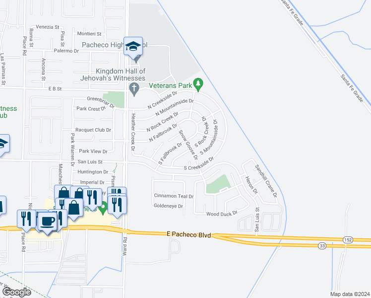 map of restaurants, bars, coffee shops, grocery stores, and more near 2374 South Rock Creek Drive in Los Banos
