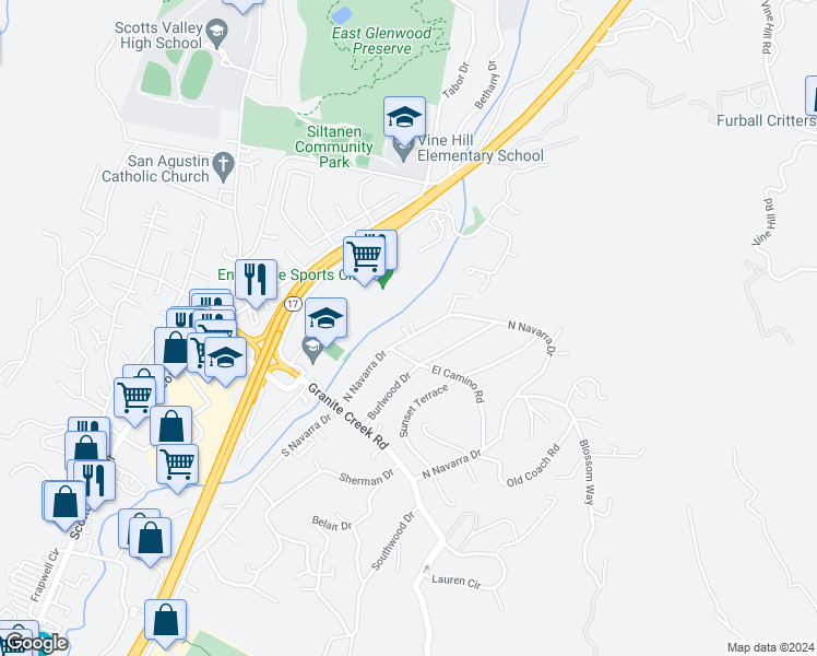 map of restaurants, bars, coffee shops, grocery stores, and more near 215-1/2 Navarra Drive in Scotts Valley
