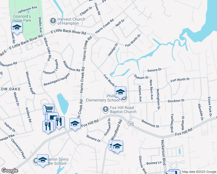 map of restaurants, bars, coffee shops, grocery stores, and more near 634 Page Drive in Hampton