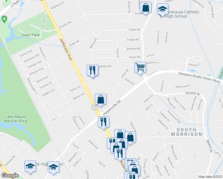 map of restaurants, bars, coffee shops, grocery stores, and more near 438 Lester Road in Newport News