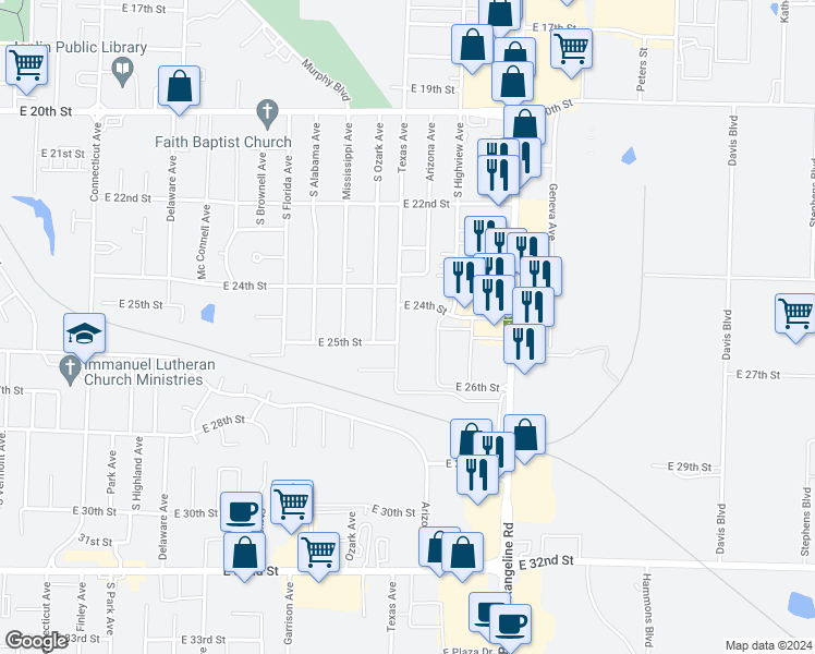 map of restaurants, bars, coffee shops, grocery stores, and more near 2427 Texas Avenue in Joplin