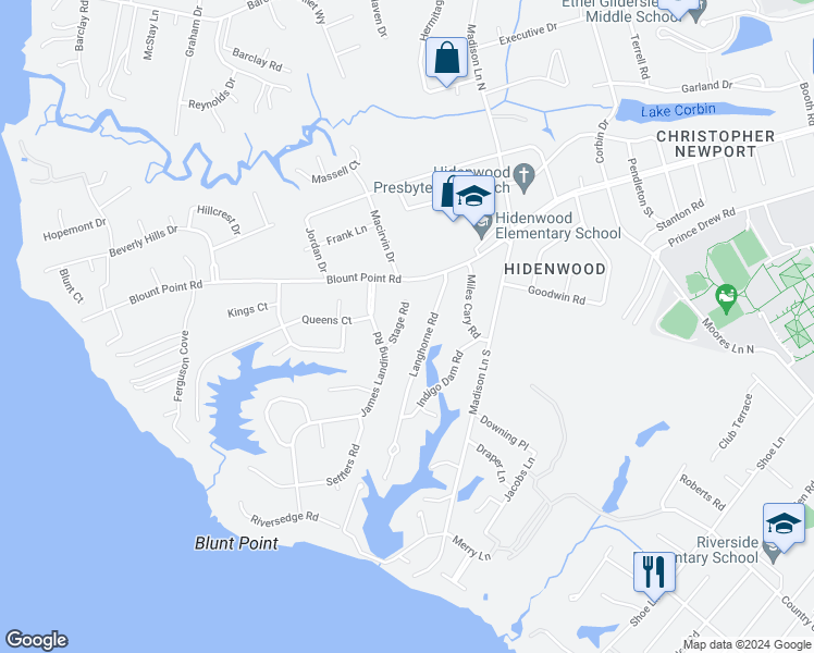 map of restaurants, bars, coffee shops, grocery stores, and more near 130 Stage Road in Newport News