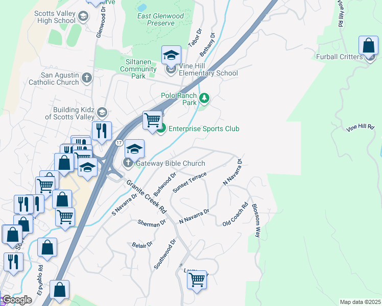 map of restaurants, bars, coffee shops, grocery stores, and more near 228 North Navarra Drive in Scotts Valley
