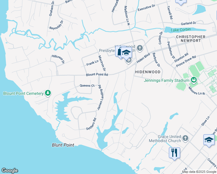 map of restaurants, bars, coffee shops, grocery stores, and more near 130 Stage Road in Newport News