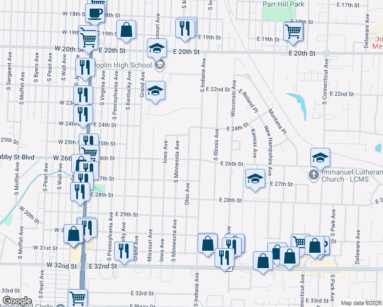 map of restaurants, bars, coffee shops, grocery stores, and more near 2602 Ohio Ave in Joplin