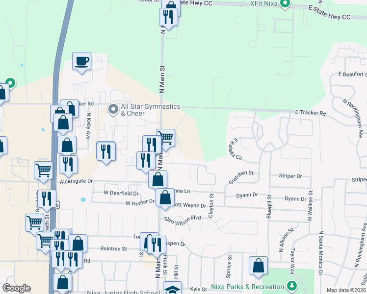 map of restaurants, bars, coffee shops, grocery stores, and more near 101-127 Peachtree Drive in Nixa