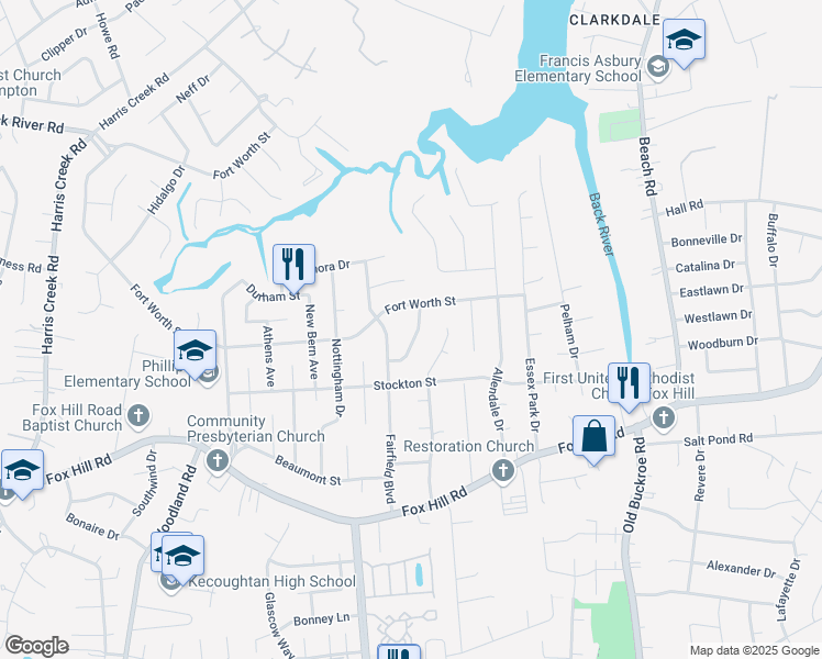 map of restaurants, bars, coffee shops, grocery stores, and more near 475 Duchess Court in Hampton