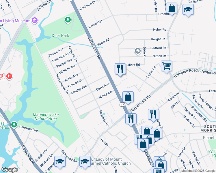 map of restaurants, bars, coffee shops, grocery stores, and more near 44 Davis Avenue in Newport News