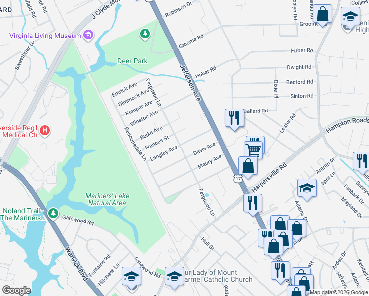 map of restaurants, bars, coffee shops, grocery stores, and more near 23 Davis Avenue in Newport News