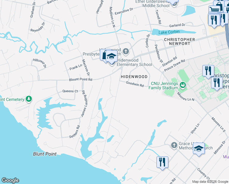 map of restaurants, bars, coffee shops, grocery stores, and more near 18 Madison Lane South in Newport News