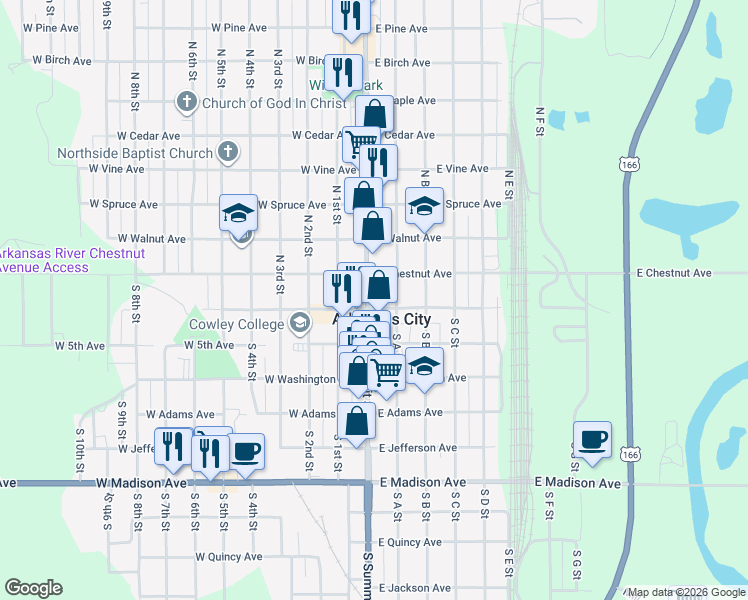 map of restaurants, bars, coffee shops, grocery stores, and more near in Arkansas City