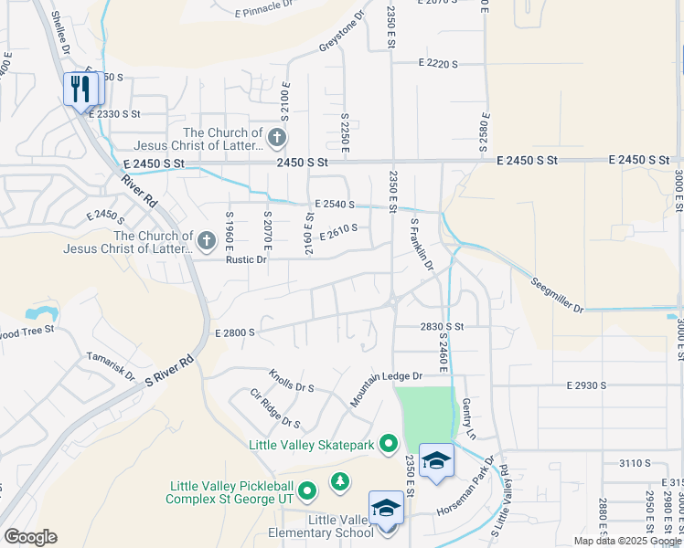 map of restaurants, bars, coffee shops, grocery stores, and more near 2247 East Coyote Springs Drive in St. George