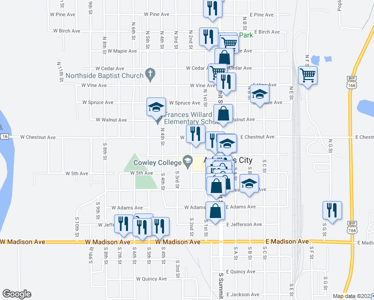 map of restaurants, bars, coffee shops, grocery stores, and more near 300 West Central Avenue in Arkansas City