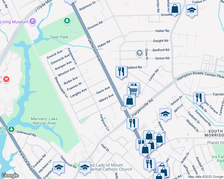 map of restaurants, bars, coffee shops, grocery stores, and more near 48 Davis Avenue in Newport News