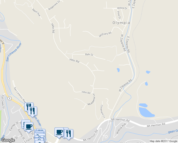 map of restaurants, bars, coffee shops, grocery stores, and more near 7415 Hihn Road in Ben Lomond