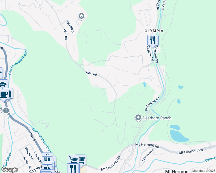 map of restaurants, bars, coffee shops, grocery stores, and more near 7415 Hihn Road in Ben Lomond