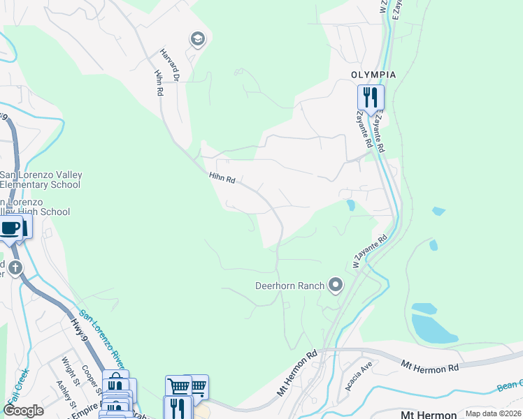 map of restaurants, bars, coffee shops, grocery stores, and more near 7365 Hihn Road in Ben Lomond