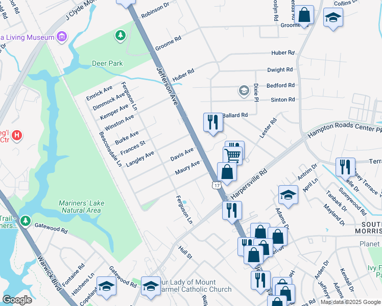map of restaurants, bars, coffee shops, grocery stores, and more near 44 Davis Avenue in Newport News
